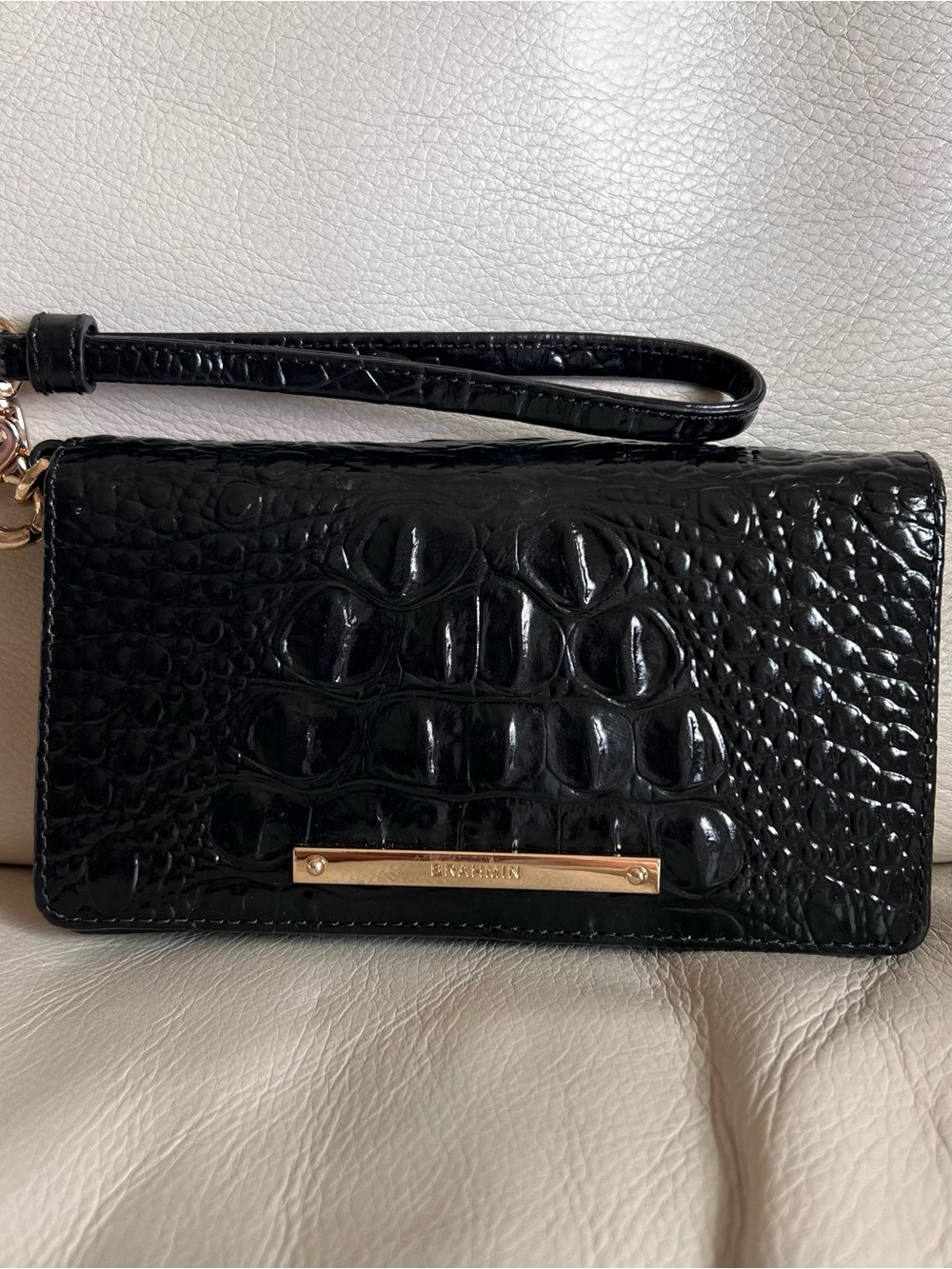 Brahmin Black Croc-Embossed Wristlet Clutch Wallet
